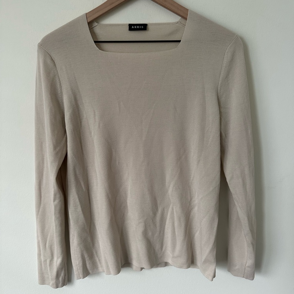Akris 100% Wool Square Neck Long Sleeve Light Sweater Beige Size 14